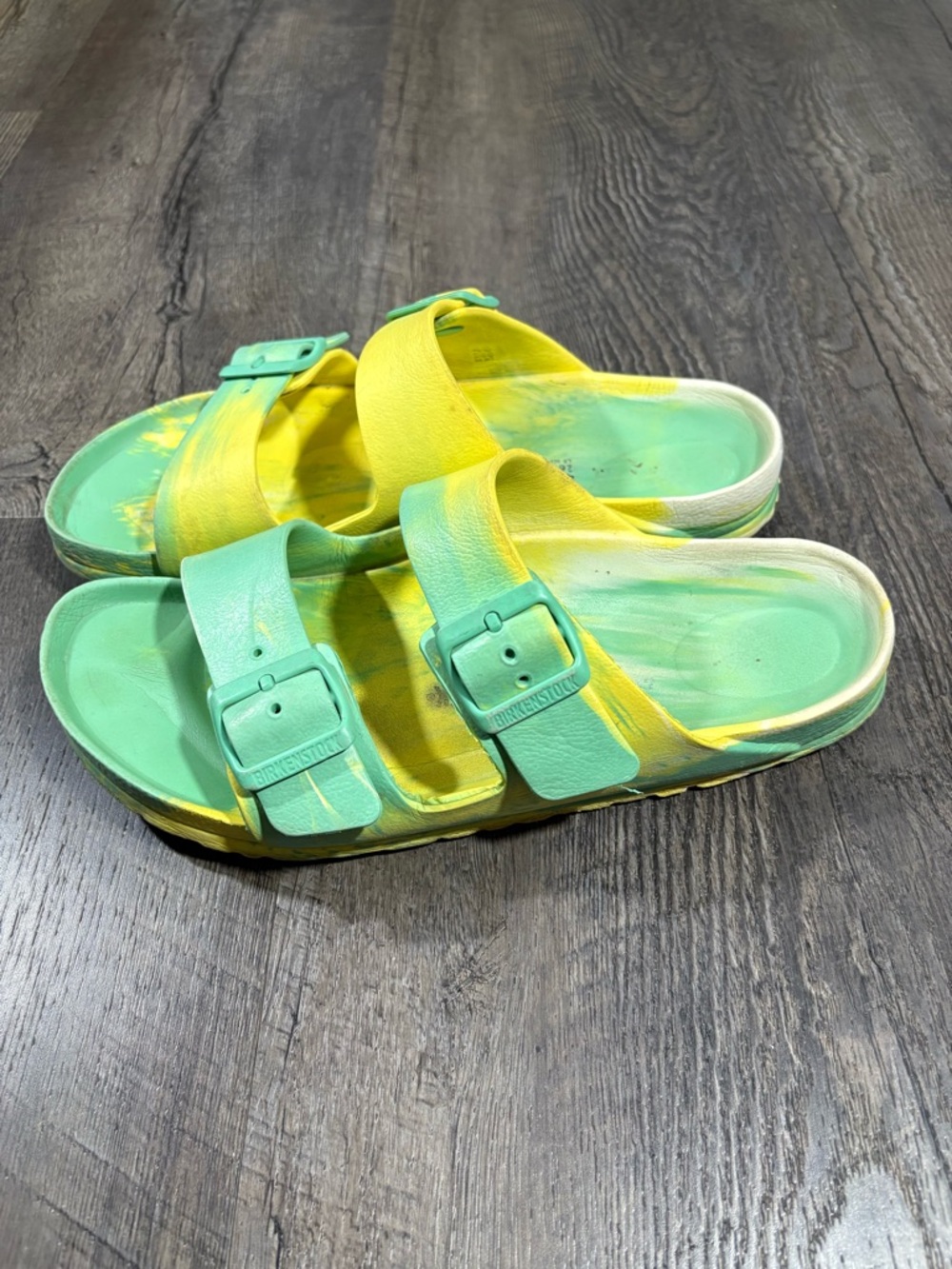 Birkenstock-Style Two-Band Slide Sandals in Yellow and Green